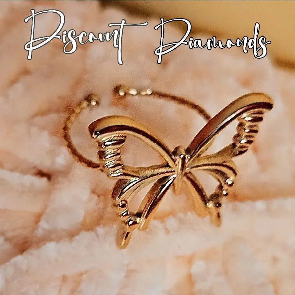 14K Yellow Gold One Size Fits All Butterfly Ring Stainless Steel